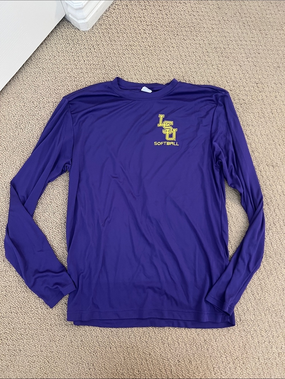 Sport-Tek Purple Long Sleeve LSU Softball Tee with Yellow Logo